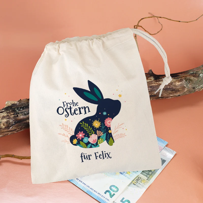 Kleiner Geschenksack mit Osterhase, Blüten und Wunschtext, 14 x 20 cm