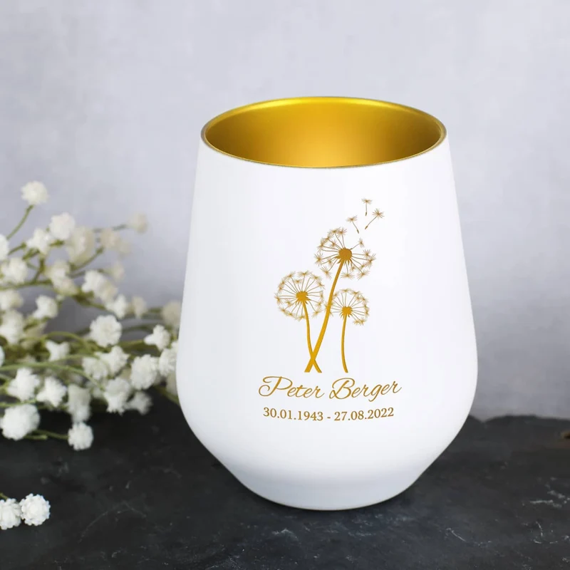 Trauerwindlicht mit Pusteblume, Name und Datum