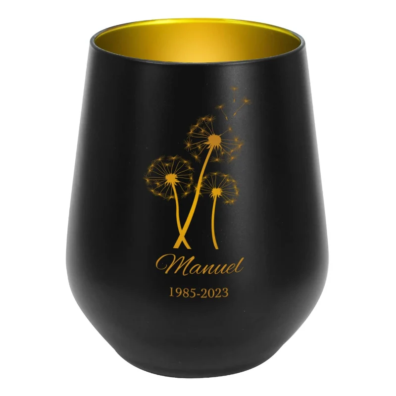 Trauerwindlicht mit Pusteblume, Name und Datum