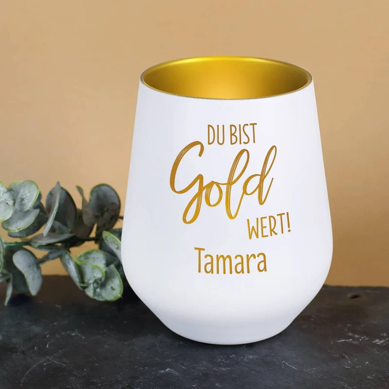 Du bist Gold wert! - Kerzenbecher in Schwarz oder Weiß mit Namensgravur
