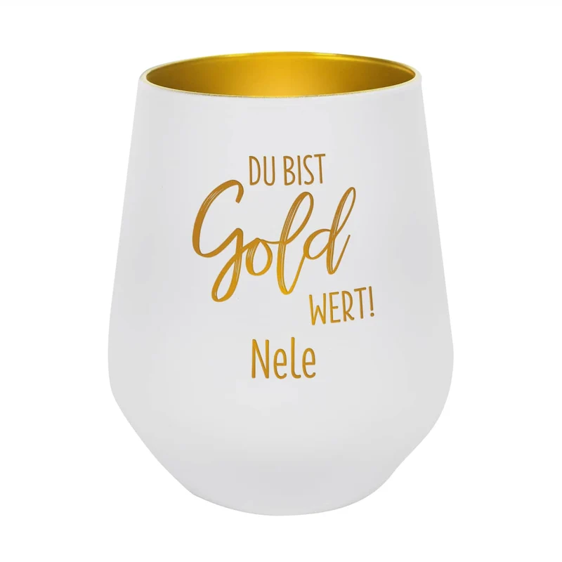 Du bist Gold wert! - Kerzenbecher in Schwarz oder Weiß mit Namensgravur