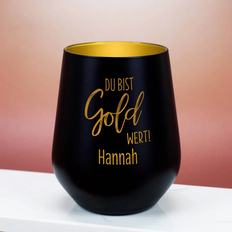 Du bist Gold wert! - Kerzenbecher in Schwarz oder Weiß mit Namensgravur