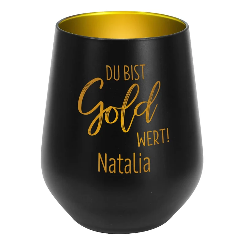 Du bist Gold wert! - Kerzenbecher in Schwarz oder Weiß mit Namensgravur