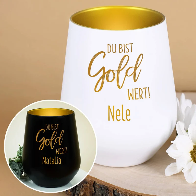 Du bist Gold wert! - Kerzenbecher in Schwarz oder Weiß mit Namensgravur