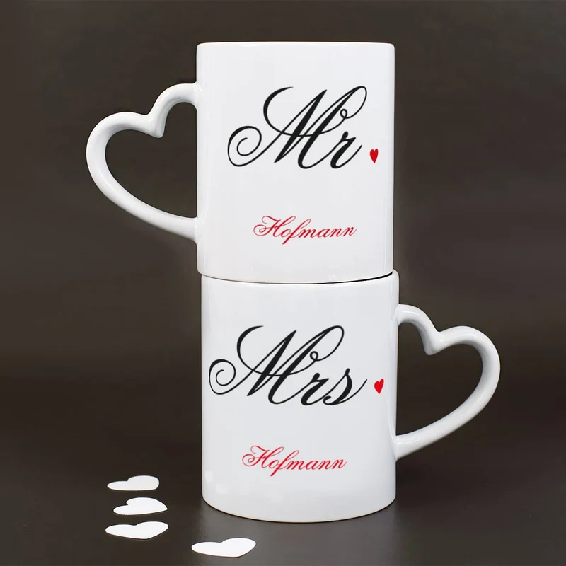 Paartassen Mr und Mrs mit herzförmigem Henkel