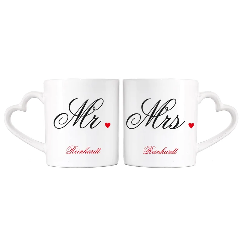 Paartassen Mr und Mrs mit herzförmigem Henkel