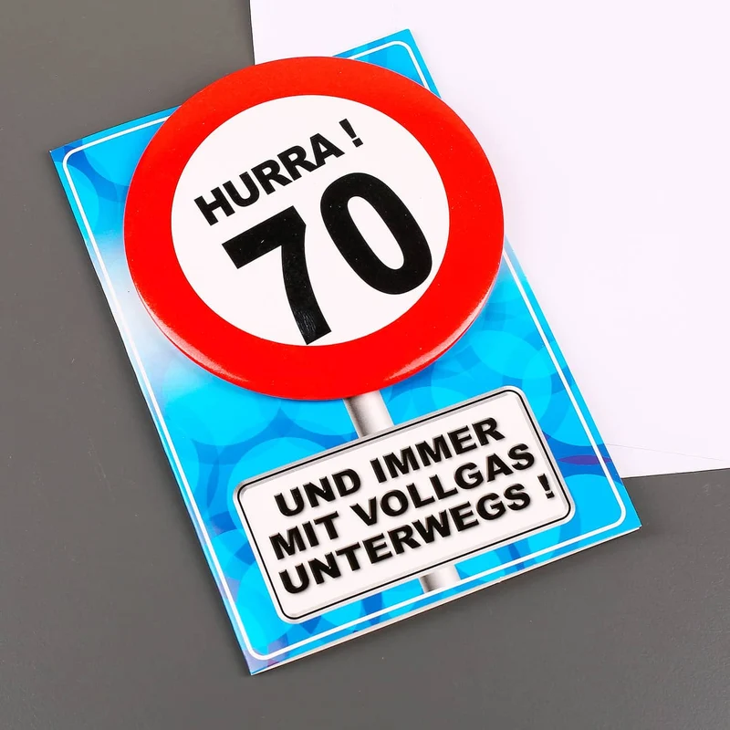 Karte mit Button im Verkehrszeichen Design zum 70. Geburtstag