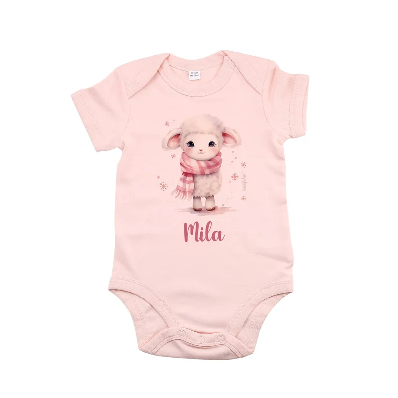 Babybody in Rosa mit Schäfchen und Wunschtext