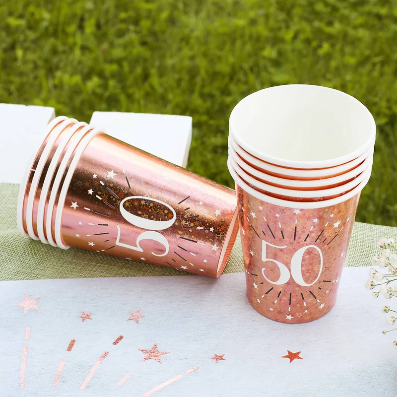 10 Pappbecher in rose mit Glitzereffekt vom 18.-80. Geburtstag