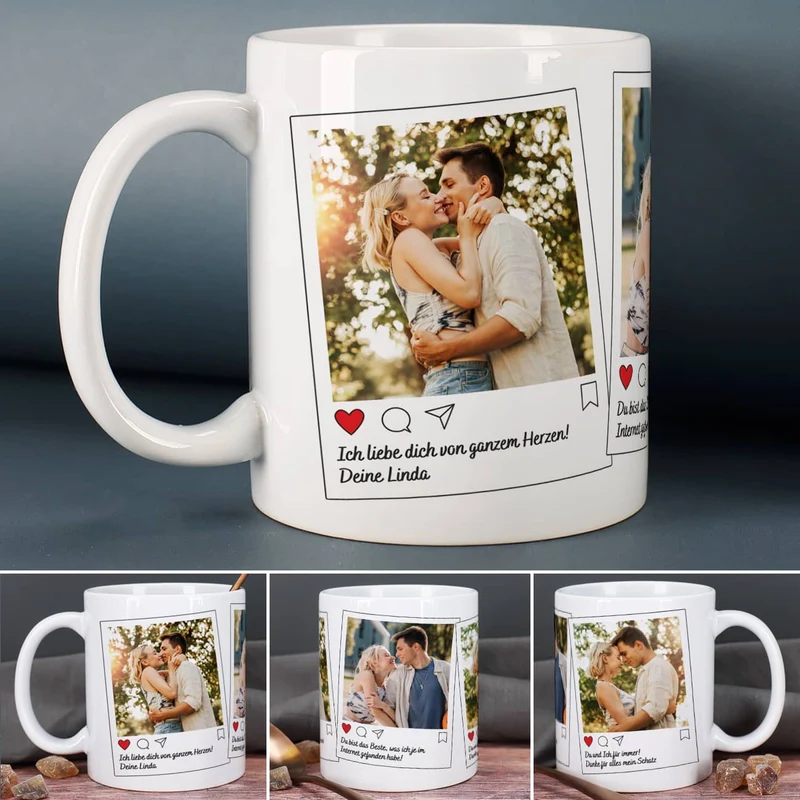 Instagram Post Tasse mit 3 Fotos und Wunschtexten