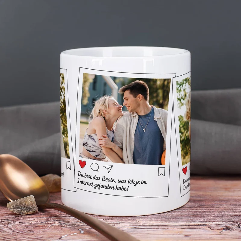 Instagram Post Tasse mit 3 Fotos und Wunschtexten
