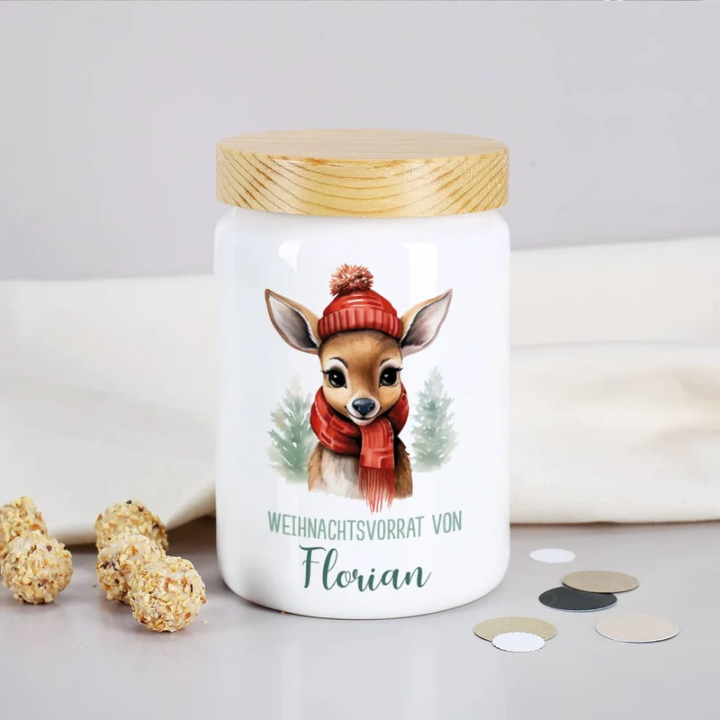Weihnachts-Dose mit kleinem Rentier, Wunschtext & Name
