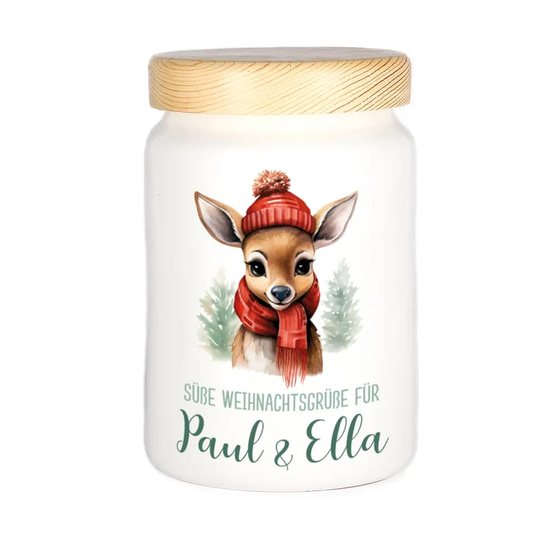 Weihnachts-Dose mit kleinem Rentier, Wunschtext & Name