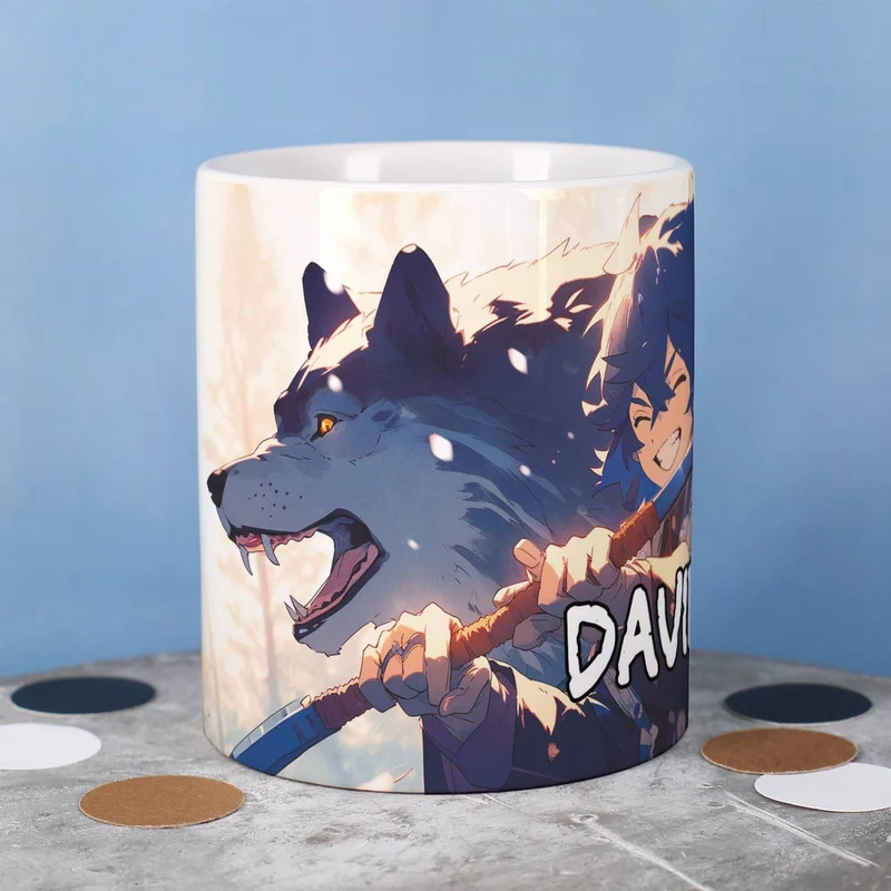 Coole Anime Tasse mit sechs Charakteren und Name