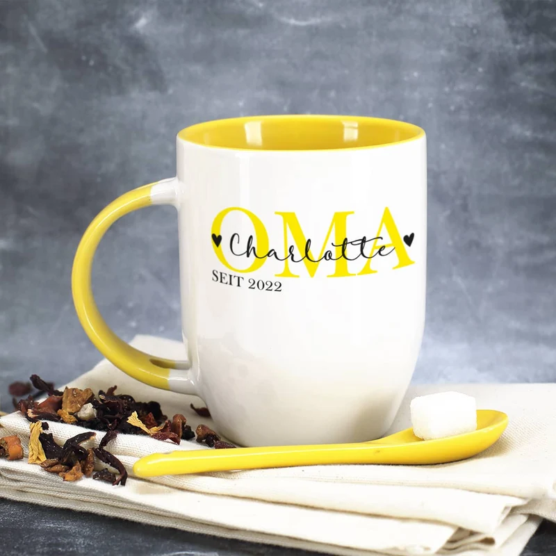 Löffeltasse - Oma seit - mit Wunschtext und Jahreszahl bedruckt