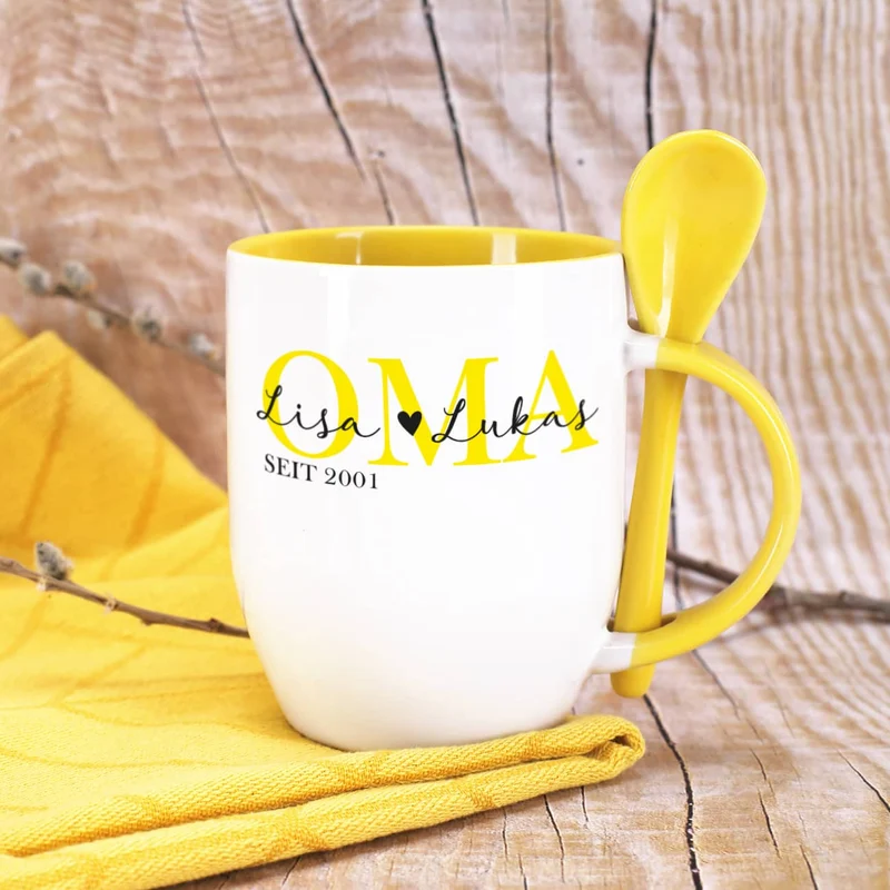 Löffeltasse - Oma seit - mit Wunschtext und Jahreszahl bedruckt