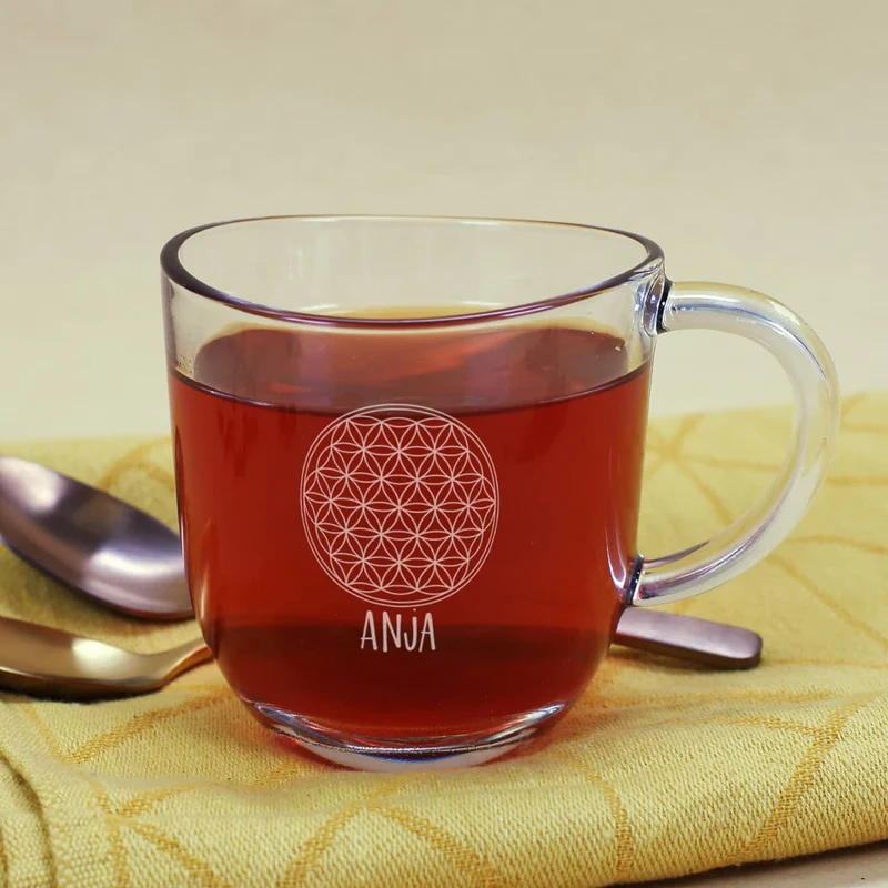 Teeglas - Lebensblume - mit Wunschtext graviert