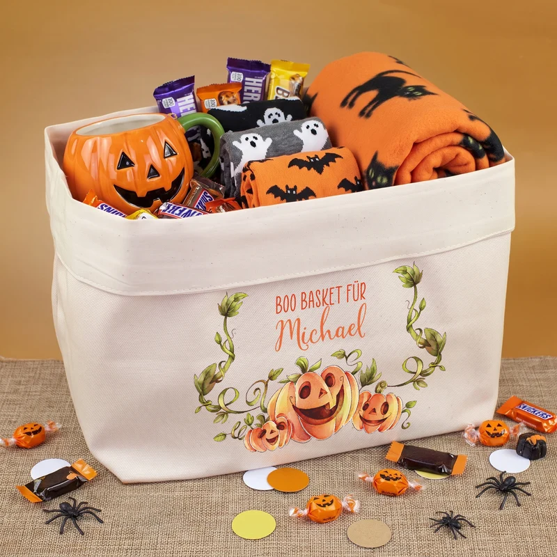 Halloween Boo Basket aus Stoff mit Name & Wunschtext personalisiert | Geschenkkorb in 2 Größen
