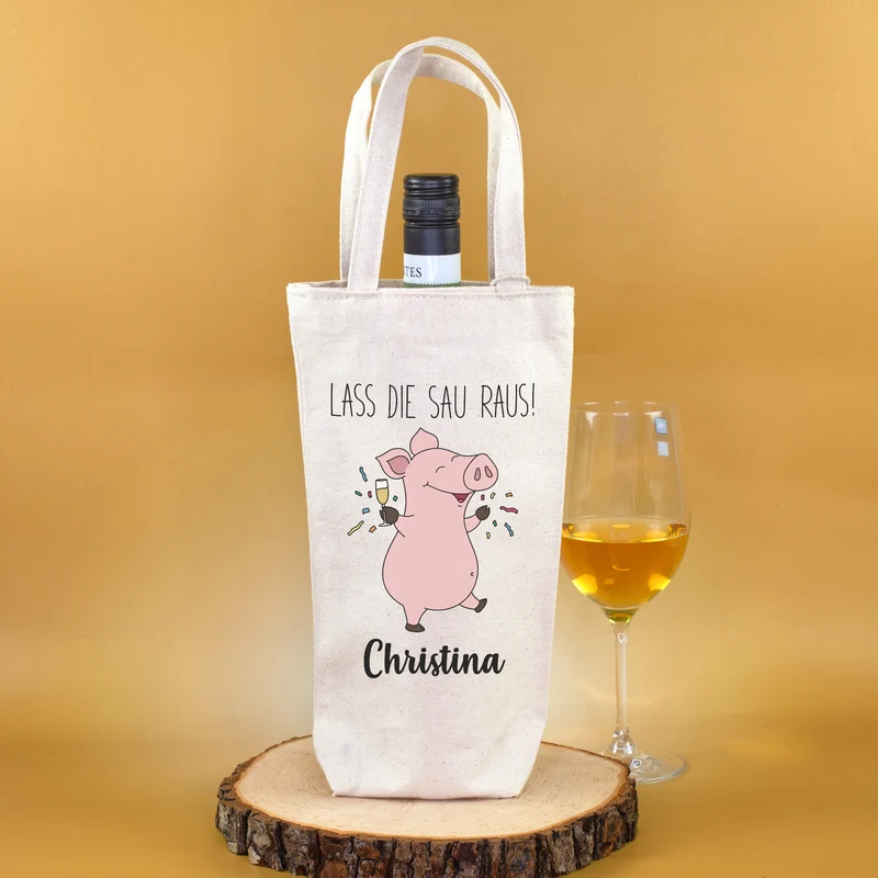 Flaschentasche zum Geburtstag 'Lass die Sau raus!' mit Name personalisiert | Lustige Wein Verpackung