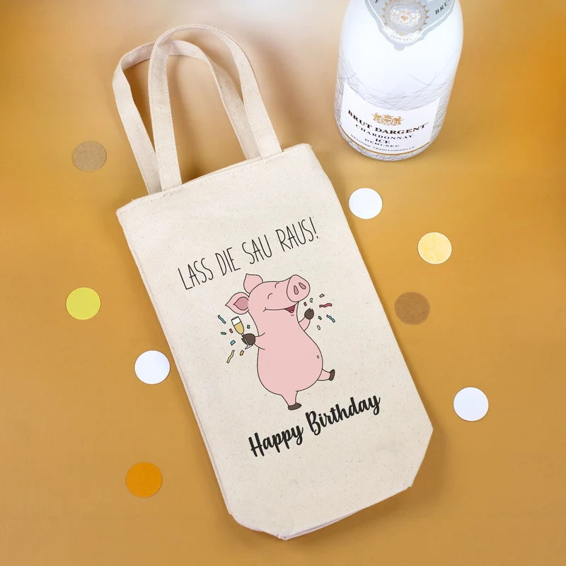 Flaschentasche zum Geburtstag 'Lass die Sau raus!' mit Name personalisiert | Lustige Wein Verpackung