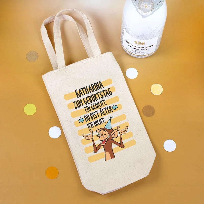 Flaschentasche zum Geburtstag mit Name personalisiert | Witzige Geschenkverpackung mit Äffchen Motiv