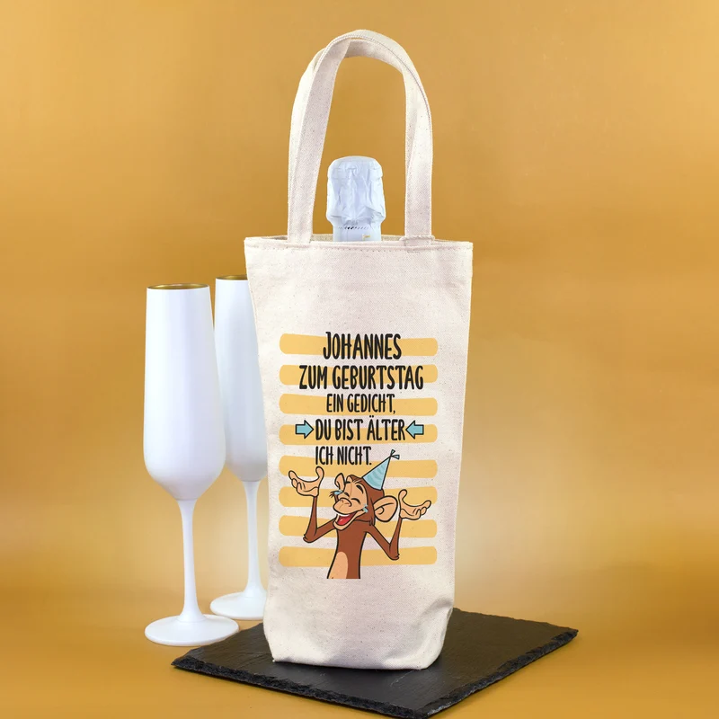 Flaschentasche zum Geburtstag mit Name personalisiert | Witzige Geschenkverpackung mit Äffchen Motiv