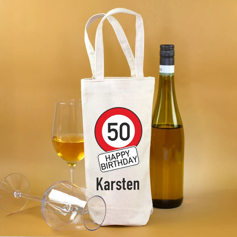 Flaschentasche zum Geburtstag im Verkehrszeichen Look mit Name & Alter personalisiert aus Baumwolle