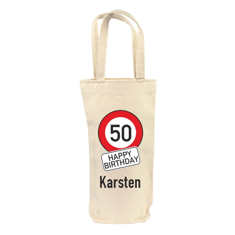 Flaschentasche zum Geburtstag im Verkehrszeichen Look mit Name & Alter personalisiert aus Baumwolle