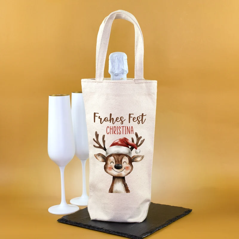 Flaschentasche mit Rentier und Name personalisiert für Wein & Sekt | Geschenkverpackung Weihnachten
