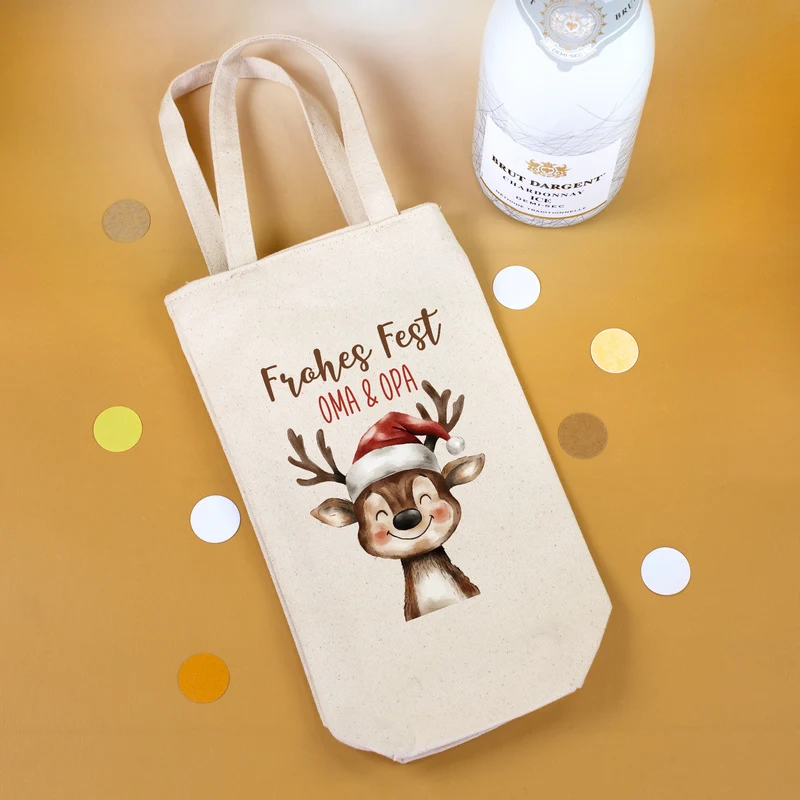 Flaschentasche mit Rentier und Name personalisiert für Wein & Sekt | Geschenkverpackung Weihnachten