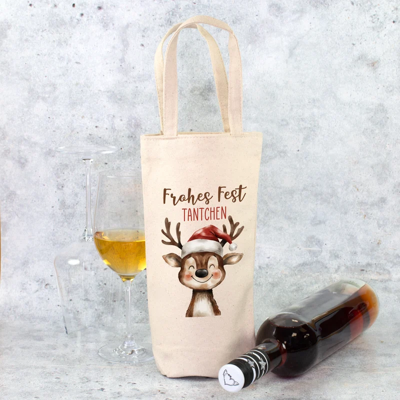 Flaschentasche mit Rentier und Name personalisiert für Wein & Sekt | Geschenkverpackung Weihnachten