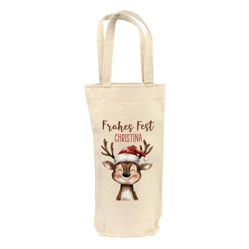Flaschentasche mit Rentier und Name personalisiert für Wein & Sekt | Geschenkverpackung Weihnachten