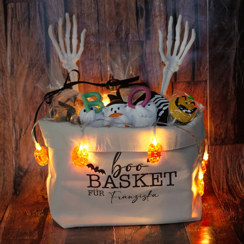 Halloween Korb personalisiert mit Name | Boo Basket aus 100% Baumwolle für Süßes oder Saures