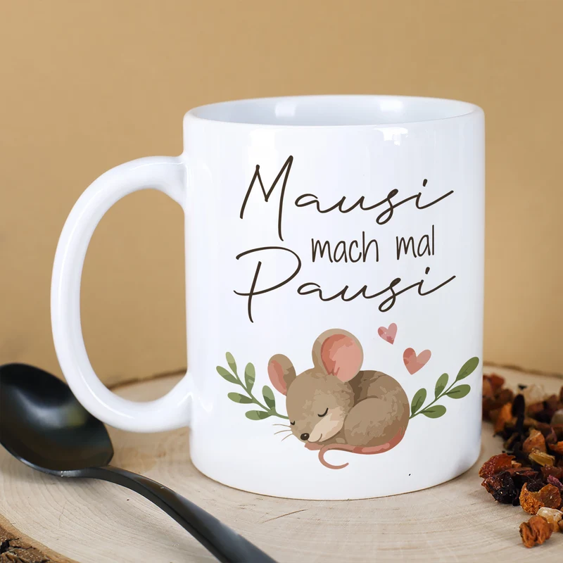 Lustige Tasse 'Mausi mach mal Pausi' mit Maus Motiv | Kaffeetasse als Geschenk für Frauen & Kollegin