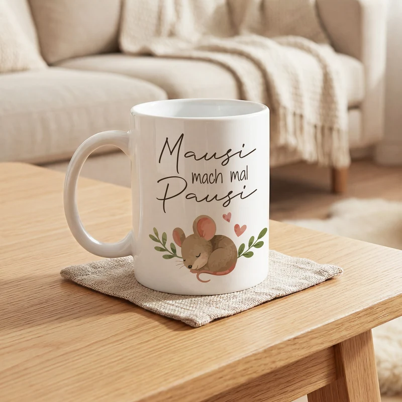 Lustige Tasse 'Mausi mach mal Pausi' mit Maus Motiv | Kaffeetasse als Geschenk für Frauen & Kollegin