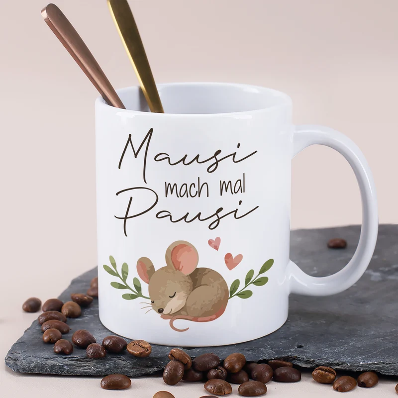 Lustige Tasse 'Mausi mach mal Pausi' mit Maus Motiv | Kaffeetasse als Geschenk für Frauen & Kollegin