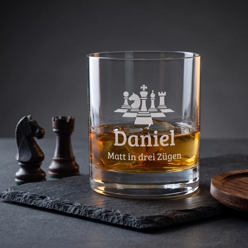 Whisky Glas für Schachspieler personalisiert mit Gravur | Whiskeyglas mit Schachfiguren Motiv