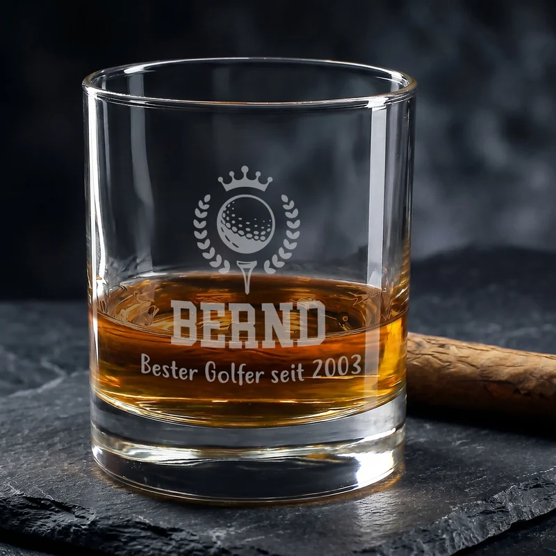Whisky Glas für Golfer personalisiert mit Gravur | 320 ml Whiskeyglas mit Golf Motiv