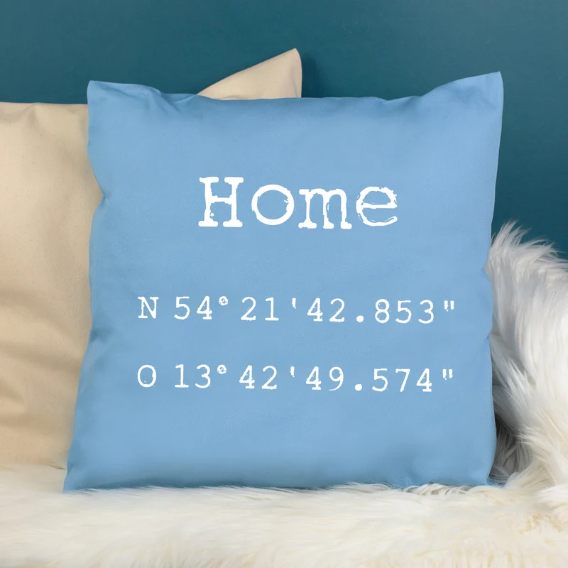 Kissen mit Koordinaten & Wunschtext personalisiert | Geschenk zum Hausbau & Einzug für Wohnung