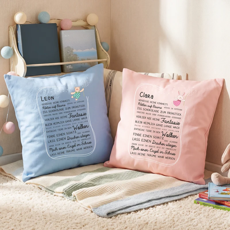 Kissen für Kinder mit Name & Kindheit Spruch personalisiert in Rosa oder Blau | Hase & Bär Geschenk