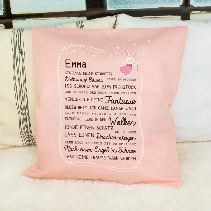 Kissen für Kinder mit Name & Kindheit Spruch personalisiert in Rosa oder Blau | Hase & Bär Geschenk