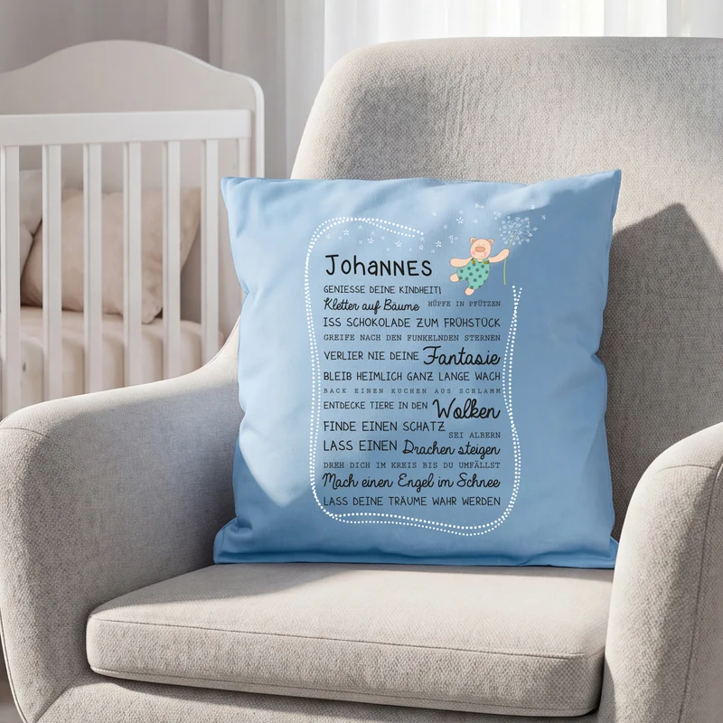 Kissen für Kinder mit Name & Kindheit Spruch personalisiert in Rosa oder Blau | Hase & Bär Geschenk