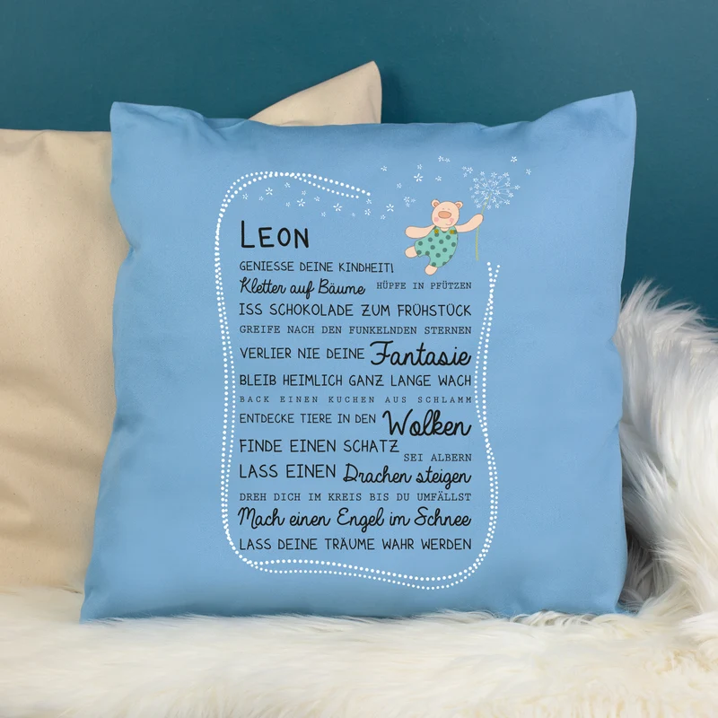 Kissen für Kinder mit Name & Kindheit Spruch personalisiert in Rosa oder Blau | Hase & Bär Geschenk