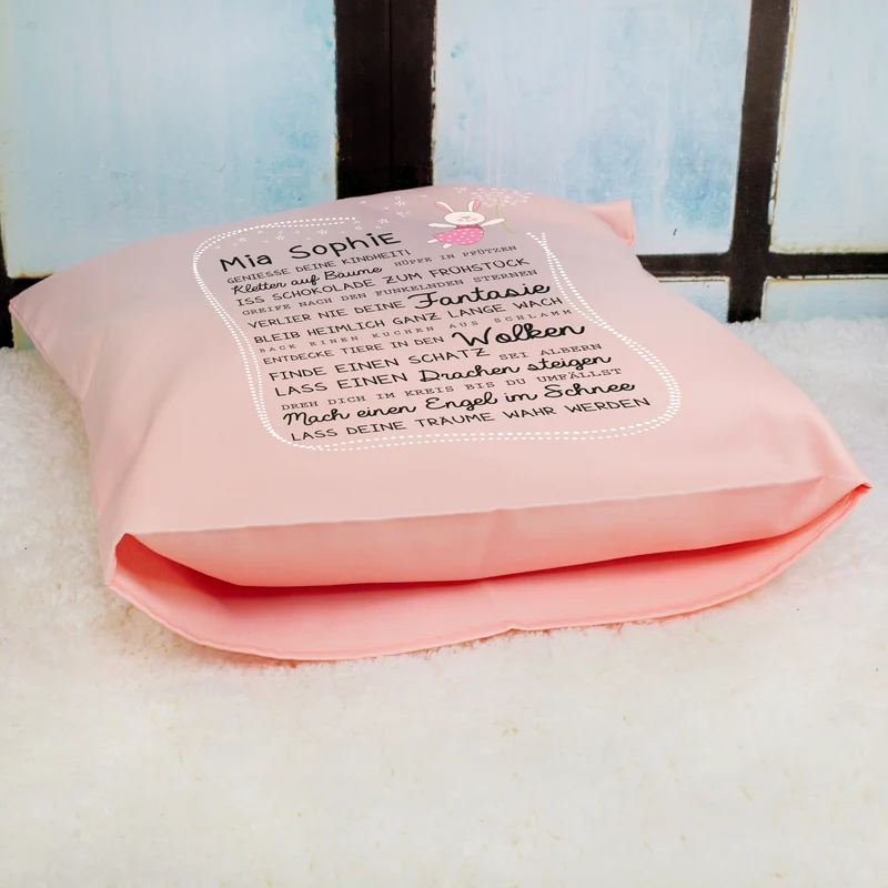 Kissen für Kinder mit Name & Kindheit Spruch personalisiert in Rosa oder Blau | Hase & Bär Geschenk