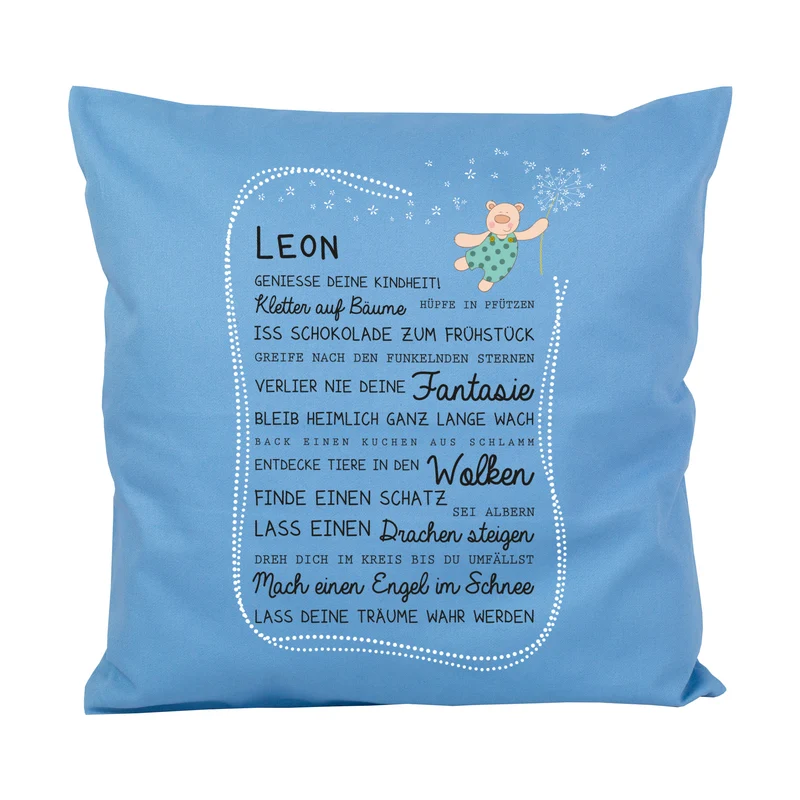 Kissen für Kinder mit Name & Kindheit Spruch personalisiert in Rosa oder Blau | Hase & Bär Geschenk