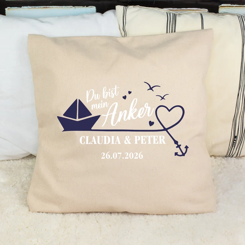 Personalisiertes Kissen 'Mein Anker' mit Namen & Datum | Geschenk zur Hochzeit & Einzug fürs Zuhause