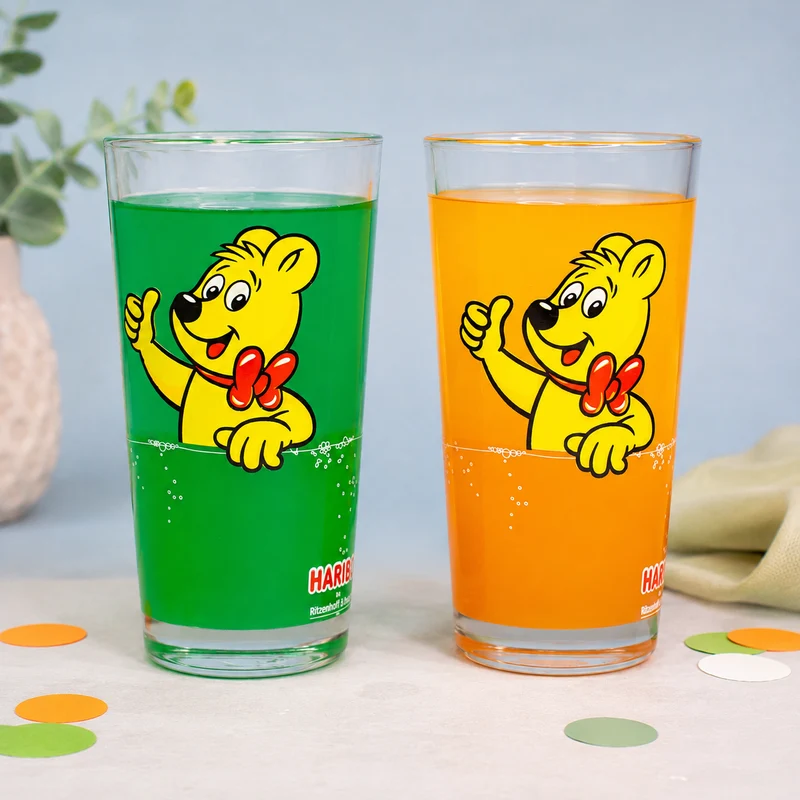 HARIBO Trinkglas Goldbär Motiv | 380 ml Glas in Orange oder Grün für Kinder, Erwachsene & Fans
