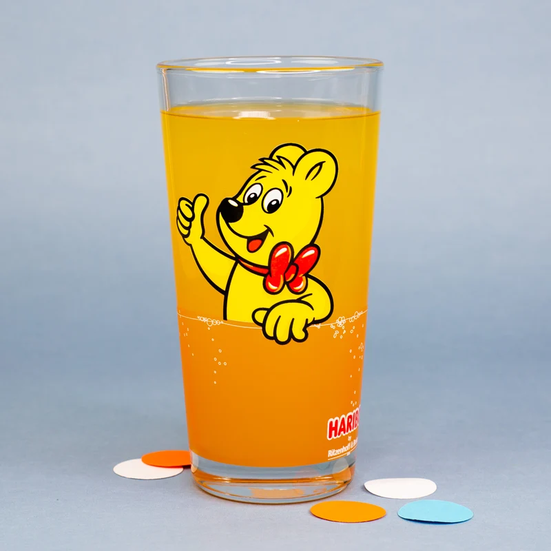 HARIBO Trinkglas Goldbär Motiv | 380 ml Glas in Orange oder Grün für Kinder, Erwachsene & Fans