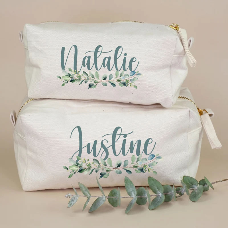 Beautycase & Schlampermäppchen mit Eukalyptus Motiv und Name personalisiert | Canvas Tasche 2 Größen