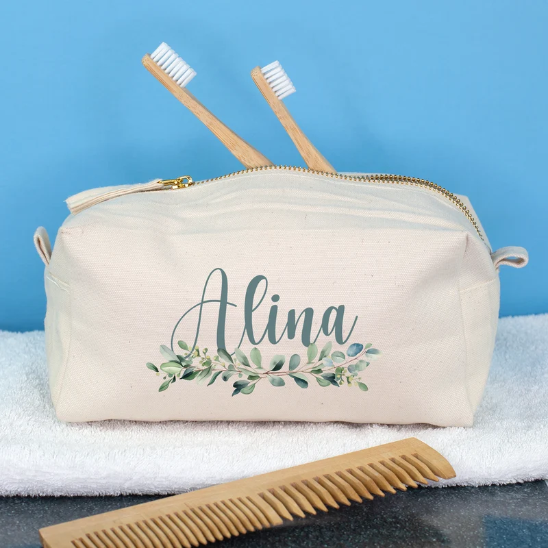 Beautycase & Schlampermäppchen mit Eukalyptus Motiv und Name personalisiert | Canvas Tasche 2 Größen